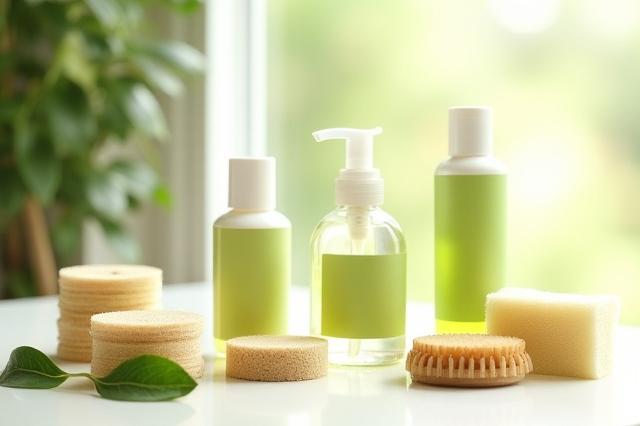 Eco-friendly cleaning products on a pristine surface