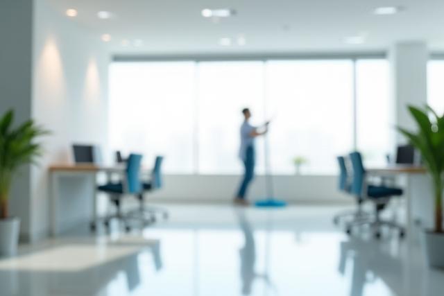 Clean, modern office space being tidied by a professional cleaner